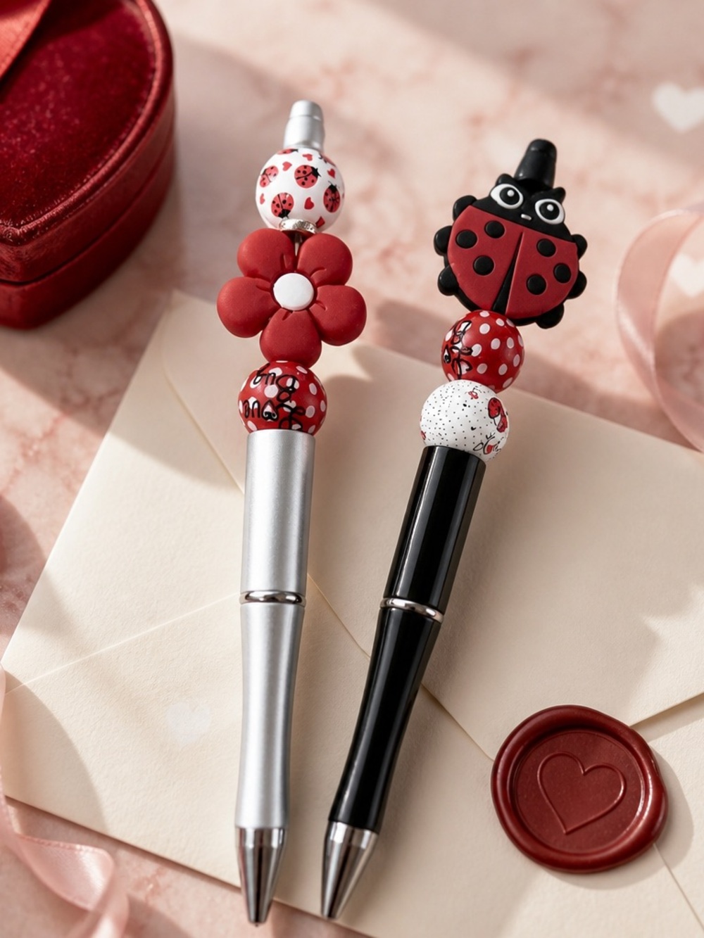 Adorable Set of 2 Beaded Ladybug Design Ballpoint Pens (Black Ink)
